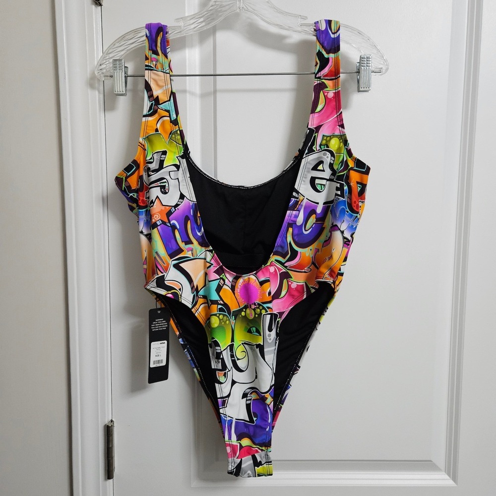 NWT Fashion Nova Swimsuit Women Lg Multicolor Not That Graffiti 1 Piece High Leg - Picture 9 of 12